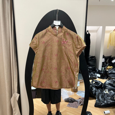 欧货新中式真丝立领短袖上衣女