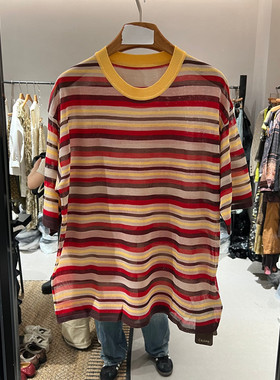 欧洲站2026春季新款时尚复古条纹短袖T恤女撞色圆领宽松上衣68356