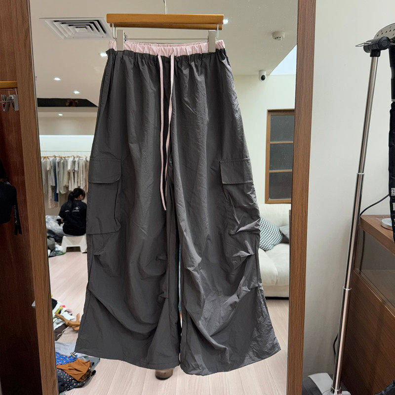 欧洲站2026夏季新款时尚工装风高腰抽绳阔腿裤女多口袋休闲长裤