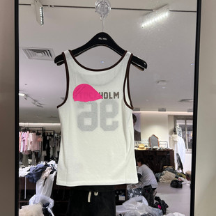 欧洲站2026夏季新款时尚撞色数字印花无袖背心女款修身运动风上衣