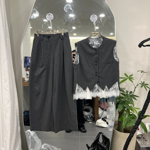 套装 欧洲站2026春季 女洋气两件套 蕾丝花边马甲阔腿裤 法式 新款 时尚