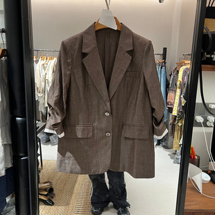 欧洲站2026春季新款时尚复古通勤风翻领亚麻西装外套女西装65281