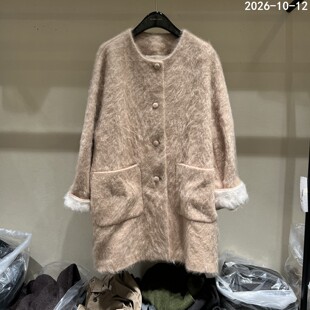 欧洲站2026秋季新款韩版山羊绒拉毛开衫女中长款圆领翻边毛呢外套