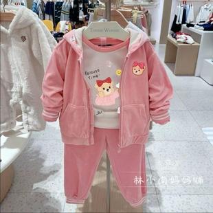 小熊童装24秋装新款女童天鹅绒卡通连帽外套卫衣TWMW234955A套装