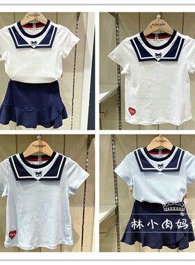 验货EK童装夏款女童学院风翻领全棉短袖T恤上衣EKSRB2521K