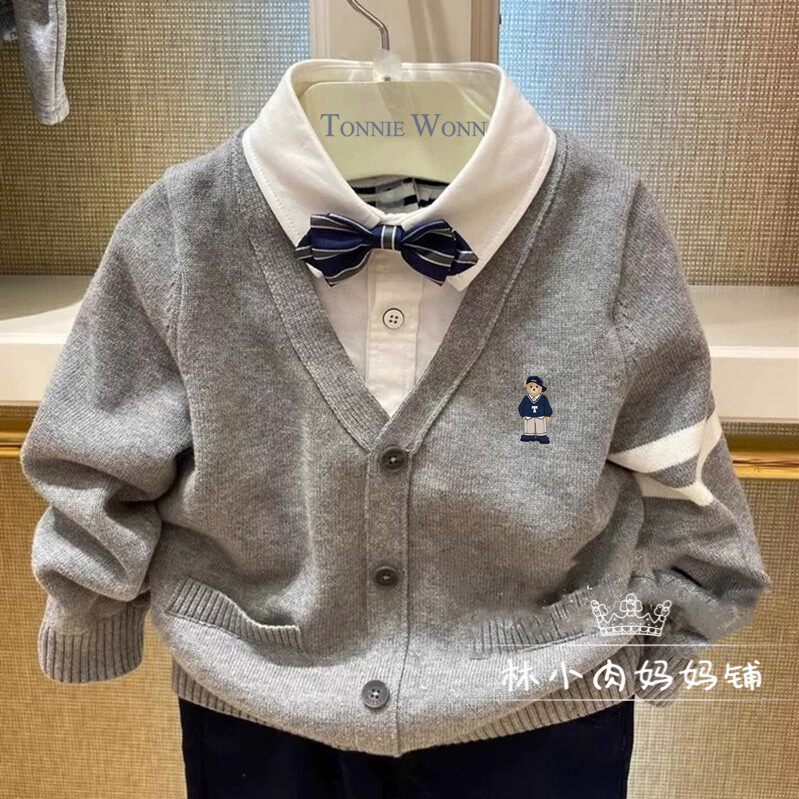 小熊童装秋冬新款男童假两件针织开衫中大童衬衫领蝴蝶领结毛衣,童装/婴儿装/亲子装,毛衣/针织衫,淘宝优惠券,粉丝福利购,淘宝优惠卷