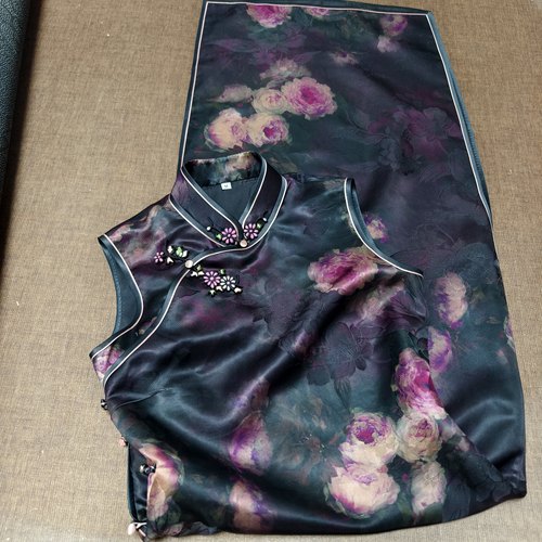 锦暮溪新品全开襟手工旗袍100桑蚕丝香云纱玫瑰130复古