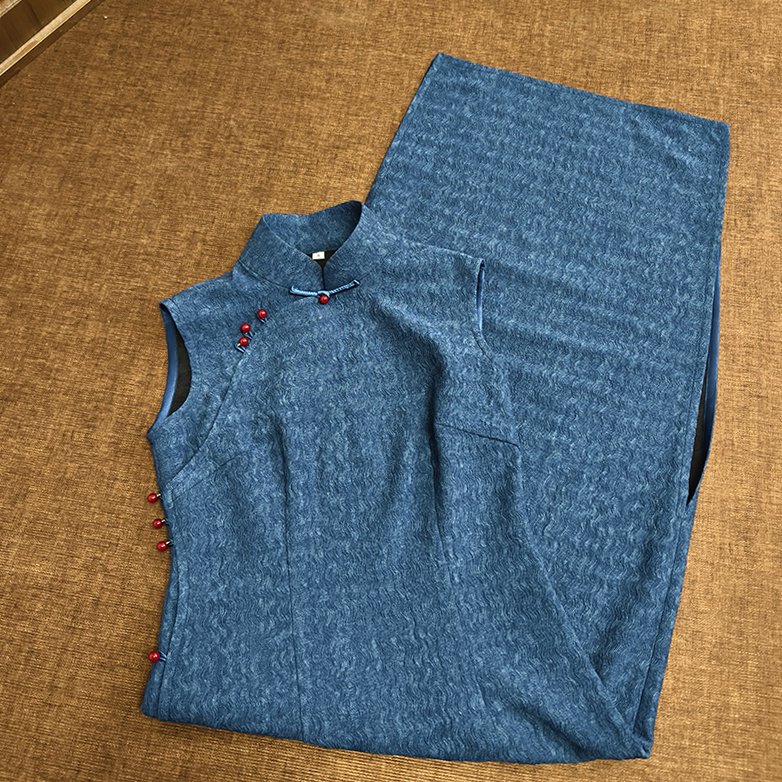 蓝色针织旗袍复古一片式全开襟