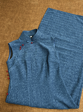 顺丰包邮》星黎I秋冬蓝色港风针织旗袍复古一片式全开襟手工钉珠