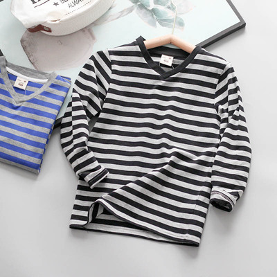 V领休闲长袖条纹T恤男童打底衫