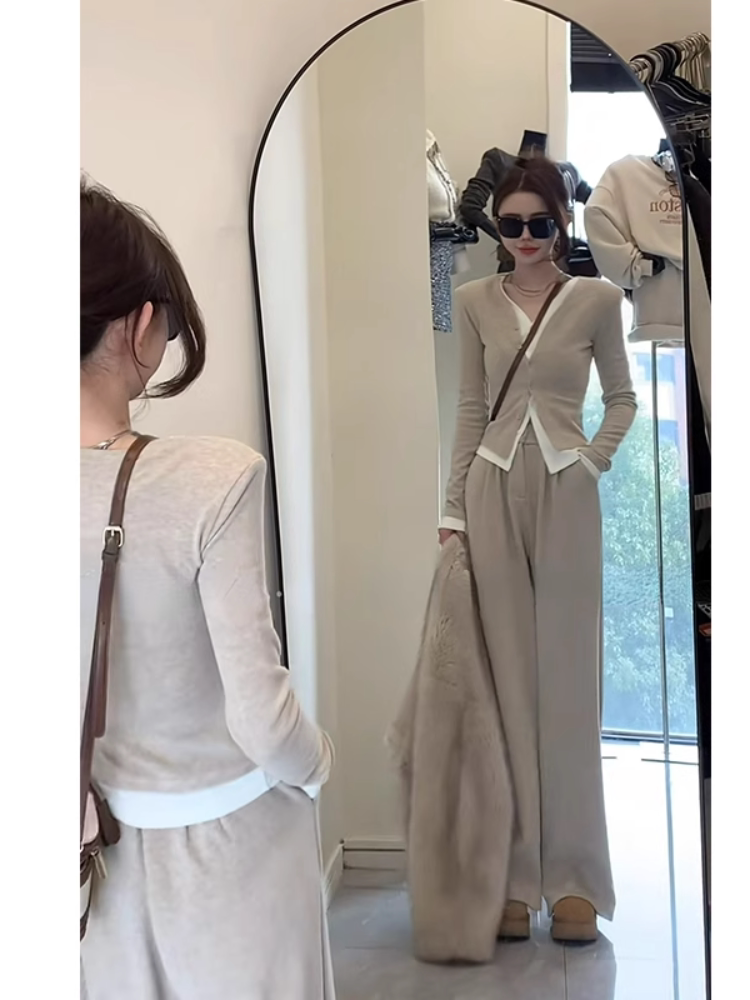 가을 새로운 게으른 스타일 가짜 투피스 긴팔 탑 와이드 팬츠 투피스 세트 여성을 위한 세련된 스포츠 및 레저 정장