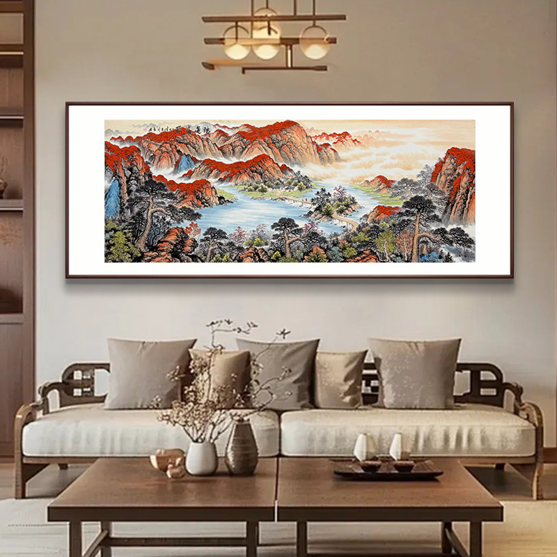 手绘国画真迹鸿运当头山水挂画客厅办公室新中式水墨背景墙装饰画