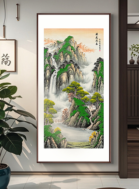 手绘国画水墨画源远流长山水挂画玄关办公室新中式墙面实木框挂画