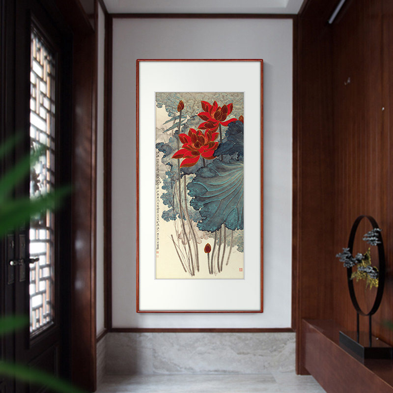 五色金线水墨荷花竖幅国画花鸟画新中式玄关装饰书房客厅走廊挂画