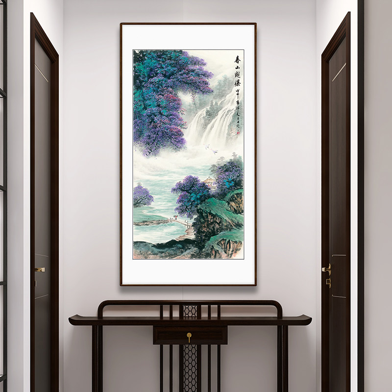 紫气东来玄关竖版国画山水画客厅办公室风水画挂画装饰画春山观瀑