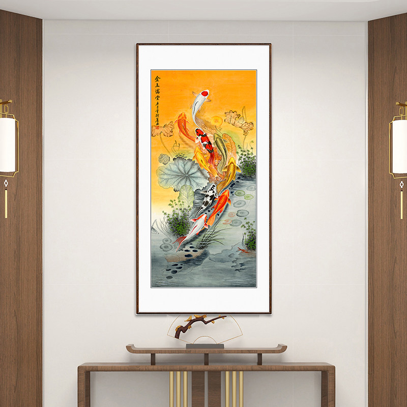 国画九鱼荔枝图金玉满堂竖幅玄关花鸟挂画新中式客厅过道玄关走廊