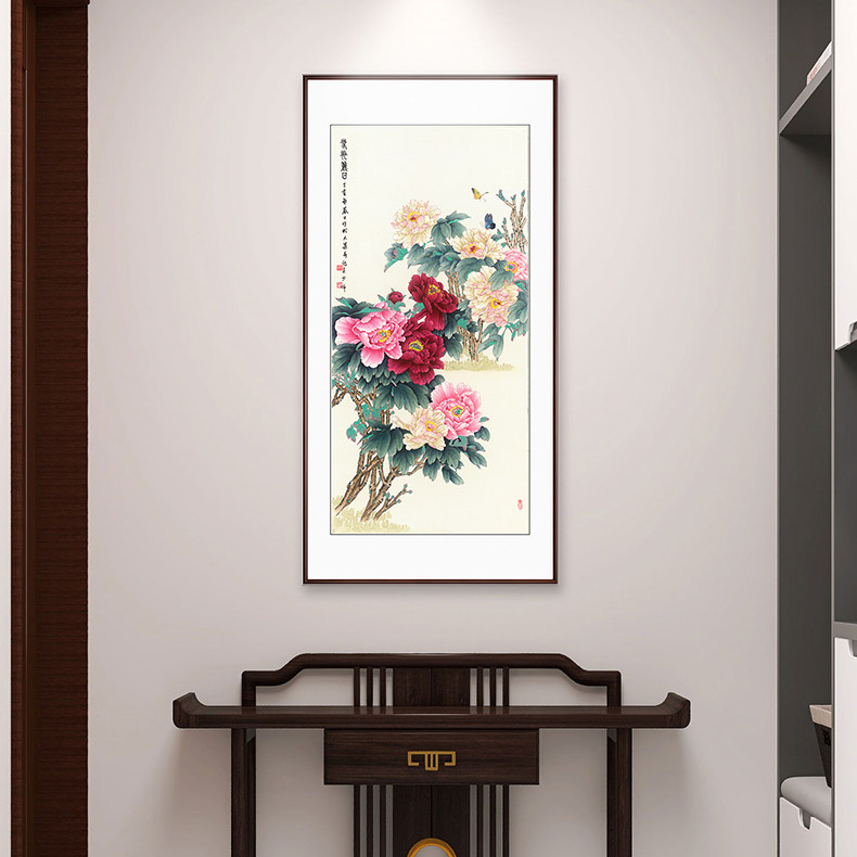 国画花鸟画花开富贵春光丽日牡丹竖幅玄关走廊过道装饰画成品带框