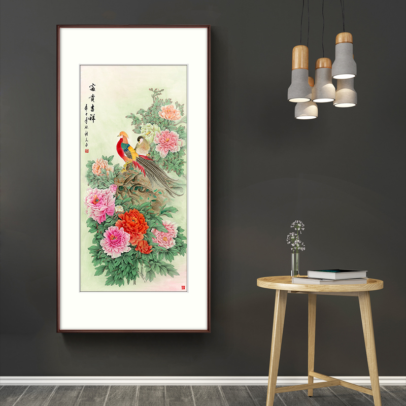锦鸡牡丹国画牡丹花挂画客厅走廊玄关装饰画卧室竖版壁画富贵吉祥