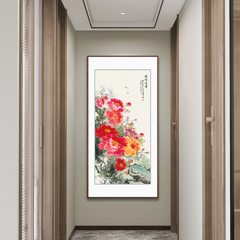 国画花开富贵花鸟竖副牡丹画图竖幅玄关走廊过道装饰画画成品带框