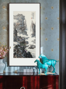 新中式玄关装饰画走廊过道竖幅挂画客厅国画山水画背景墙仙山福地
