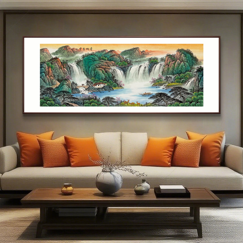 实木框手绘国画山水聚宝盆招财挂画客厅办公室新中式背景墙装饰画