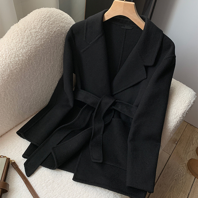 2025秋冬新款双面呢羊绒大衣女短款小个子羊毛外套宽松简约系带