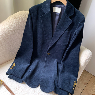 2025秋冬新款加棉西服高级感丝绒复古藏青色灯芯绒西装气质外套女