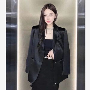 醋酸西装外套女2025春秋新款休闲黑色宽松高级感轻奢缎面西服上衣