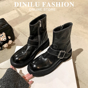 特大码马丁靴女41到43码女靴2025冬季加绒短靴皮带扣真皮中筒靴女