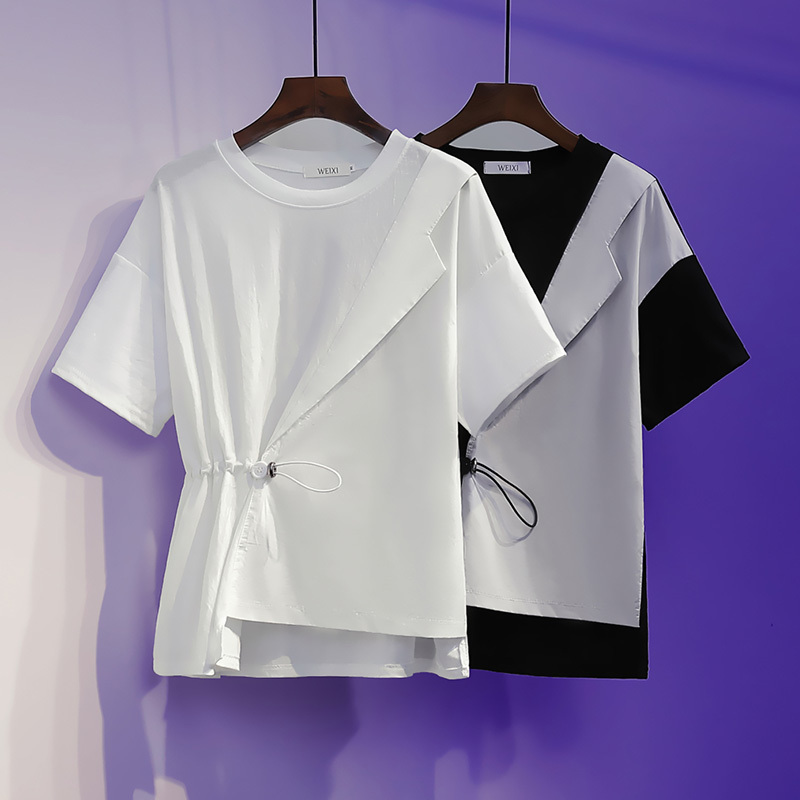 Large size women's fat mm summer new fashion loose loose show thin age reduction fake two piece splicing short sleeve T-shirt