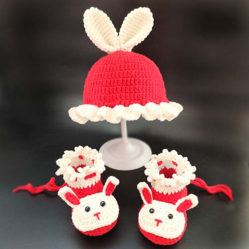 小兔子婴儿鞋帽套装新生儿满月百天礼物生肖兔宝宝毛线帽手工钩编