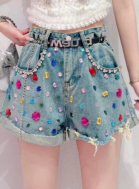 设计感重工彩钻牛仔短裤女2025年