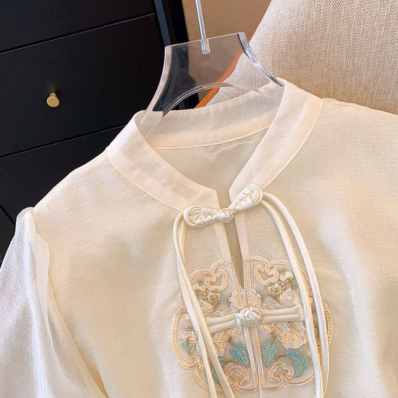 新中式国风刺绣雪纺短袖衬衫女夏大码胖mm显瘦盘扣小衫马面裙上衣