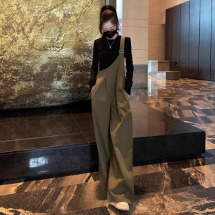 春季新款女式时尚宽松工装背带裤显瘦长袖T恤阔腿连体裤两件套女