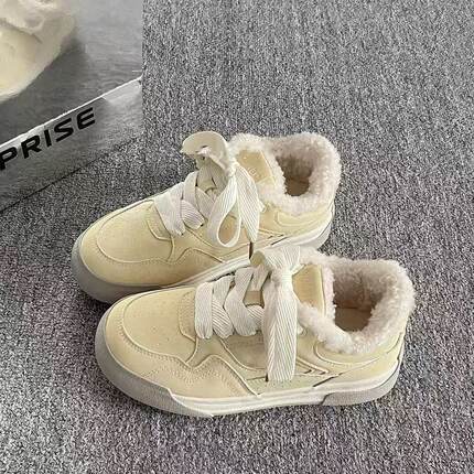 爆款加绒小众毛毛板鞋女2024新款冬季百搭厚底德训鞋休闲运动棉鞋