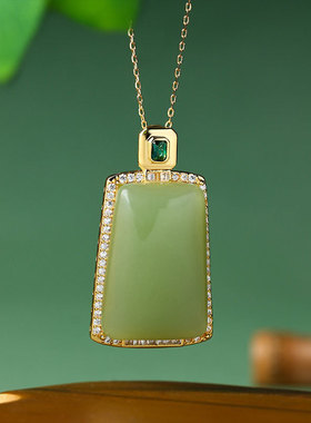 艾尔缘中国风复古镀金仿和田玉无事牌几何吊坠个性简约感项链