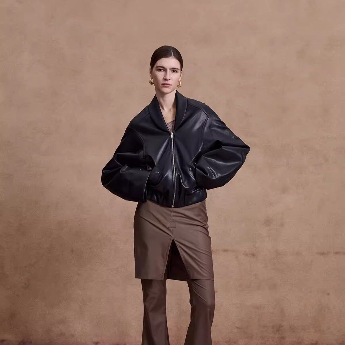 AKASAINT“Bs”廓形拉链皮衣夹克女秋冬宽松显瘦黑色飞行服外套