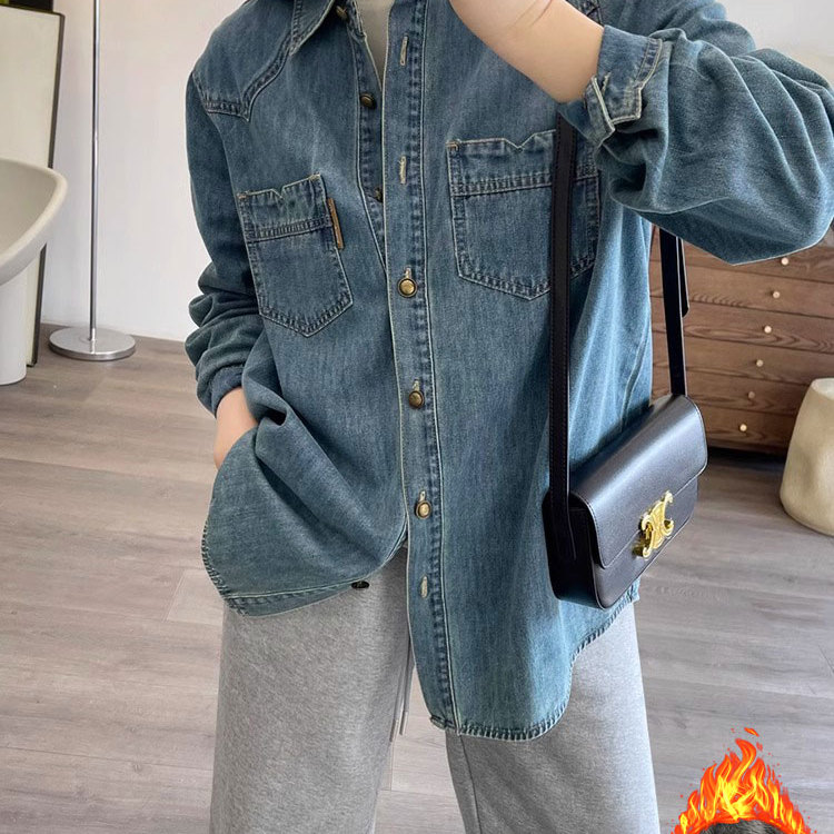 浅蓝色复古软牛仔衬衫女