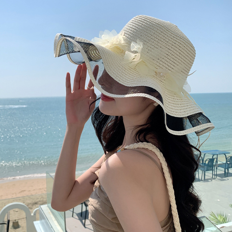 艾凝雪2025新款帽子女珍珠花朵圓頂草帽戶外旅游沙灘防曬遮陽太陽