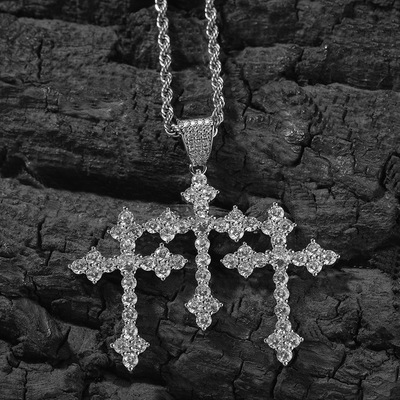 欧美嘻哈单排满锆细款三位一体十字吊坠简约铜镶锆石项链情侣饰品