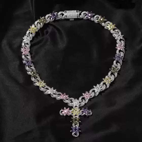 15mm Fashion Iridescent Cross Necklace for Men & Women, High-End Copper with Zircon Flower Design Infinity Chain