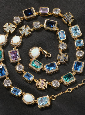 HIPHOP嘻哈新款时尚小清新蓝色系几何型彩色铜镶锆石手链百搭项链