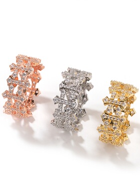 9mm宽正反十字架相拼造型嘻哈戒指铜镶锆石男士十字指环高级配饰