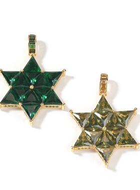 橄榄绿 祖母绿满钻六芒星项链潮流锁骨链铜镶锆石镀金嘻哈吊坠