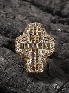 创意铜镶T方锆石十字架安赫嘻哈戒指梯方钻复古时尚男潮指环