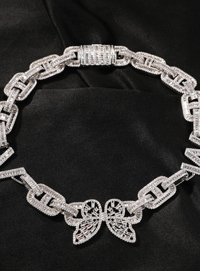 原创嘻哈蝴蝶字母方锆DIY项链个性潮流链条街头百搭Hiphop锁骨链