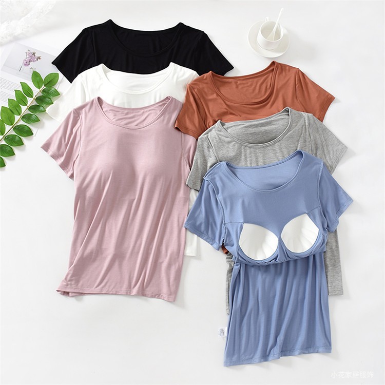 莫代尔女夏文胸T恤外穿短袖睡衣