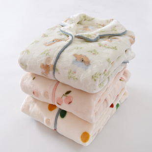 新款法兰绒睡衣家居服上衣单件女士卡通翻领V领卡通秋冬季珊瑚绒