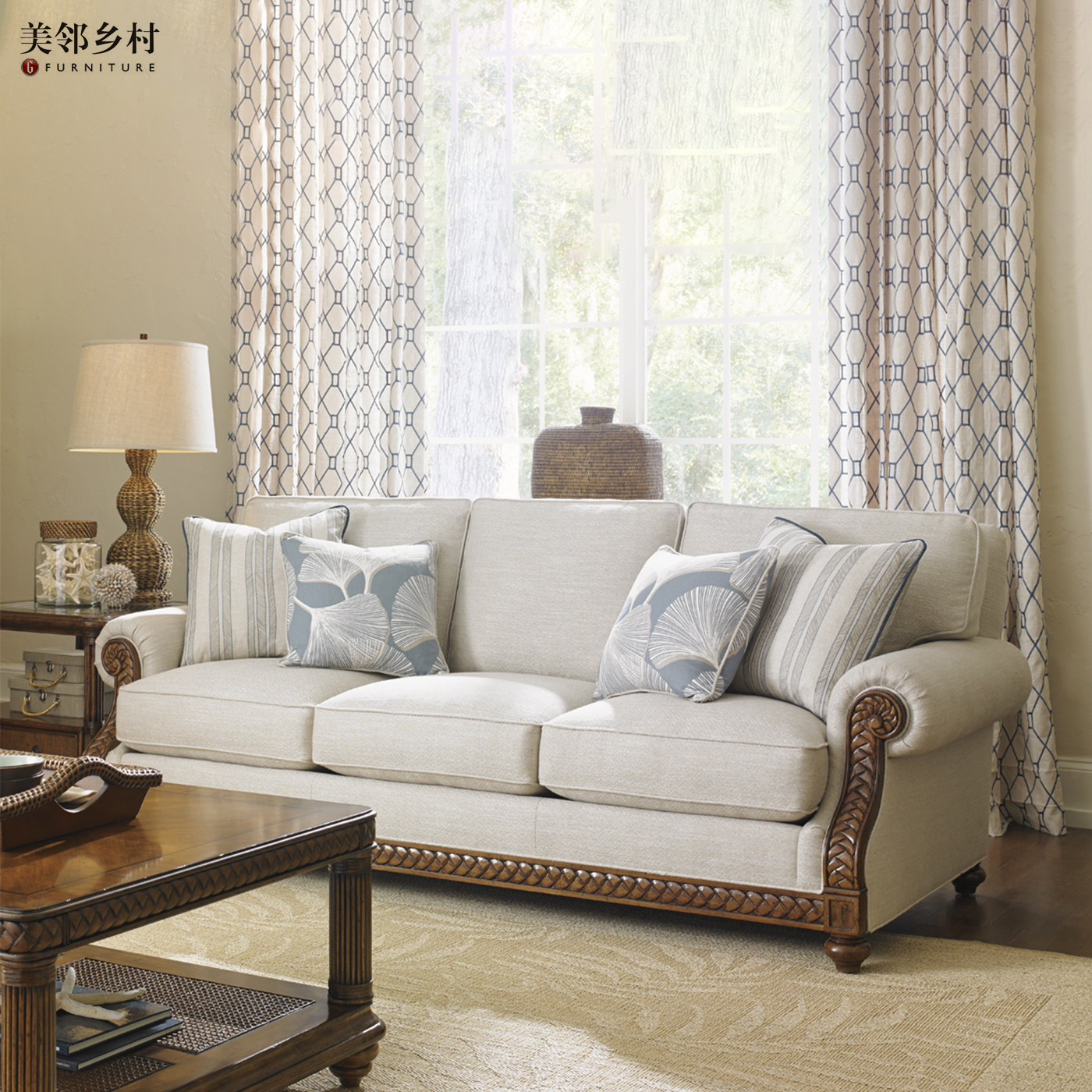 美邻乡村美式乡村实木沙发三人位米白色布艺竹节雕花东南亚客厅,住宅家具,实木沙发,淘宝优惠券,粉丝福利购,淘宝优惠卷