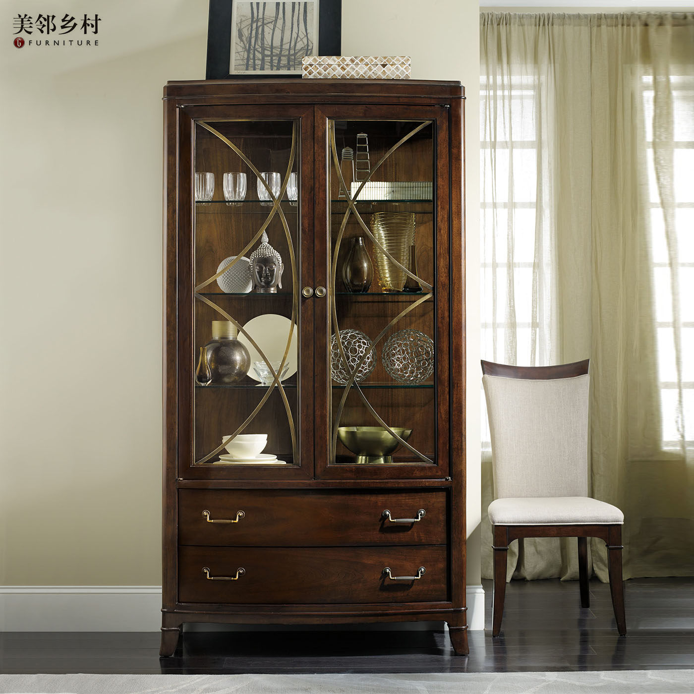 美邻乡村美式现代双门钢化玻璃酒柜复古轻奢餐边柜陈列柜高端定制